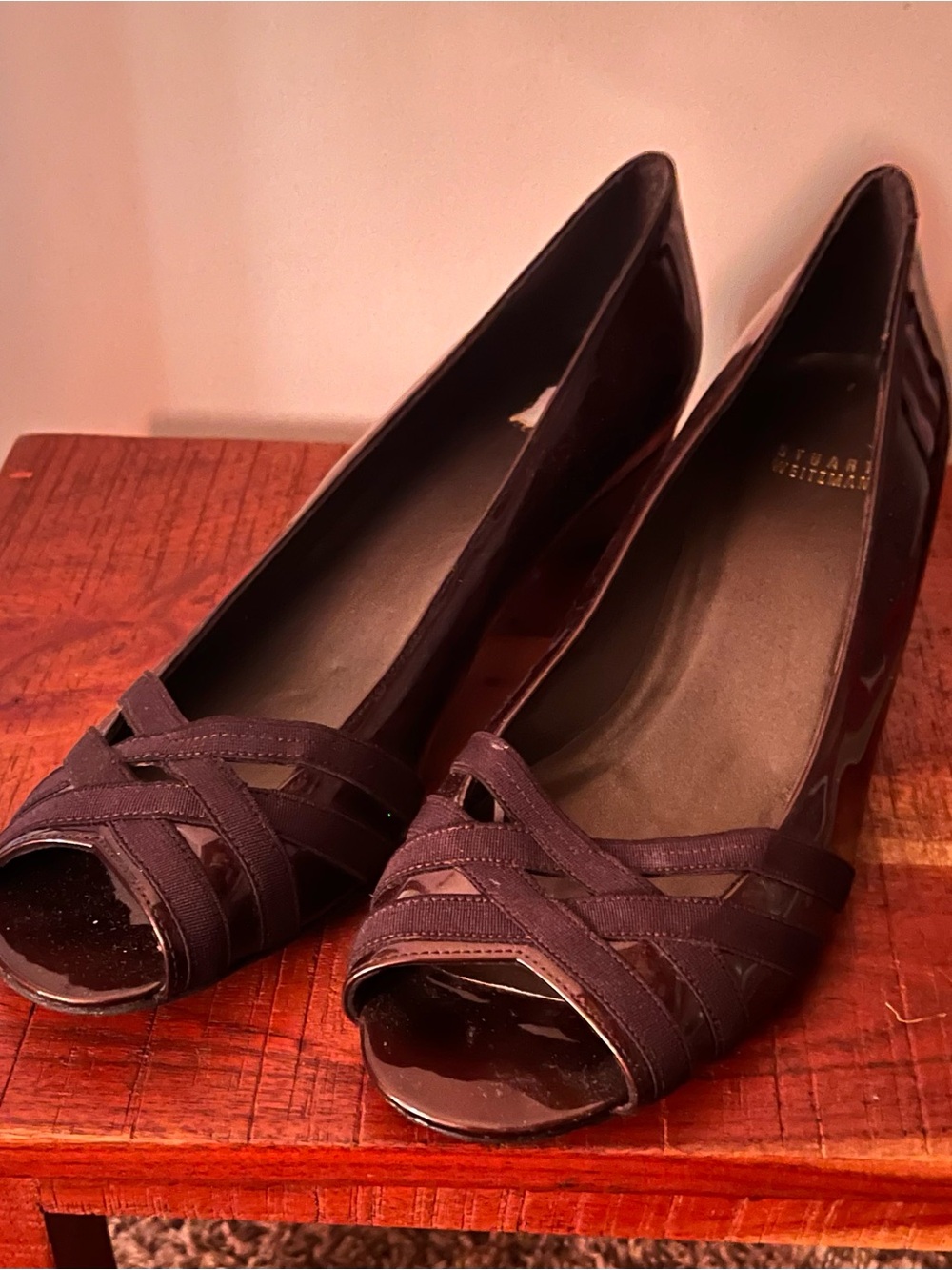 Stuart Weitzman Dark Brown Patent Leather Peep-Toe Wedges